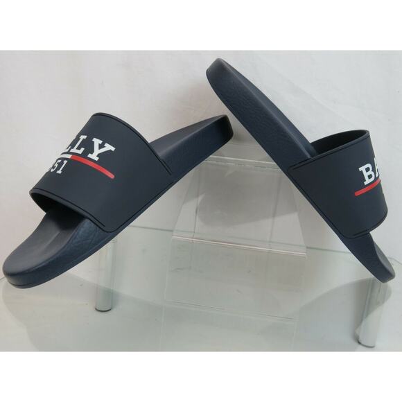 NIB BALLY SAMUEL INK NAVY RUBBER WHITE LETTERING LOGO SANDALS SLIDES 9 D ITALY main image 10